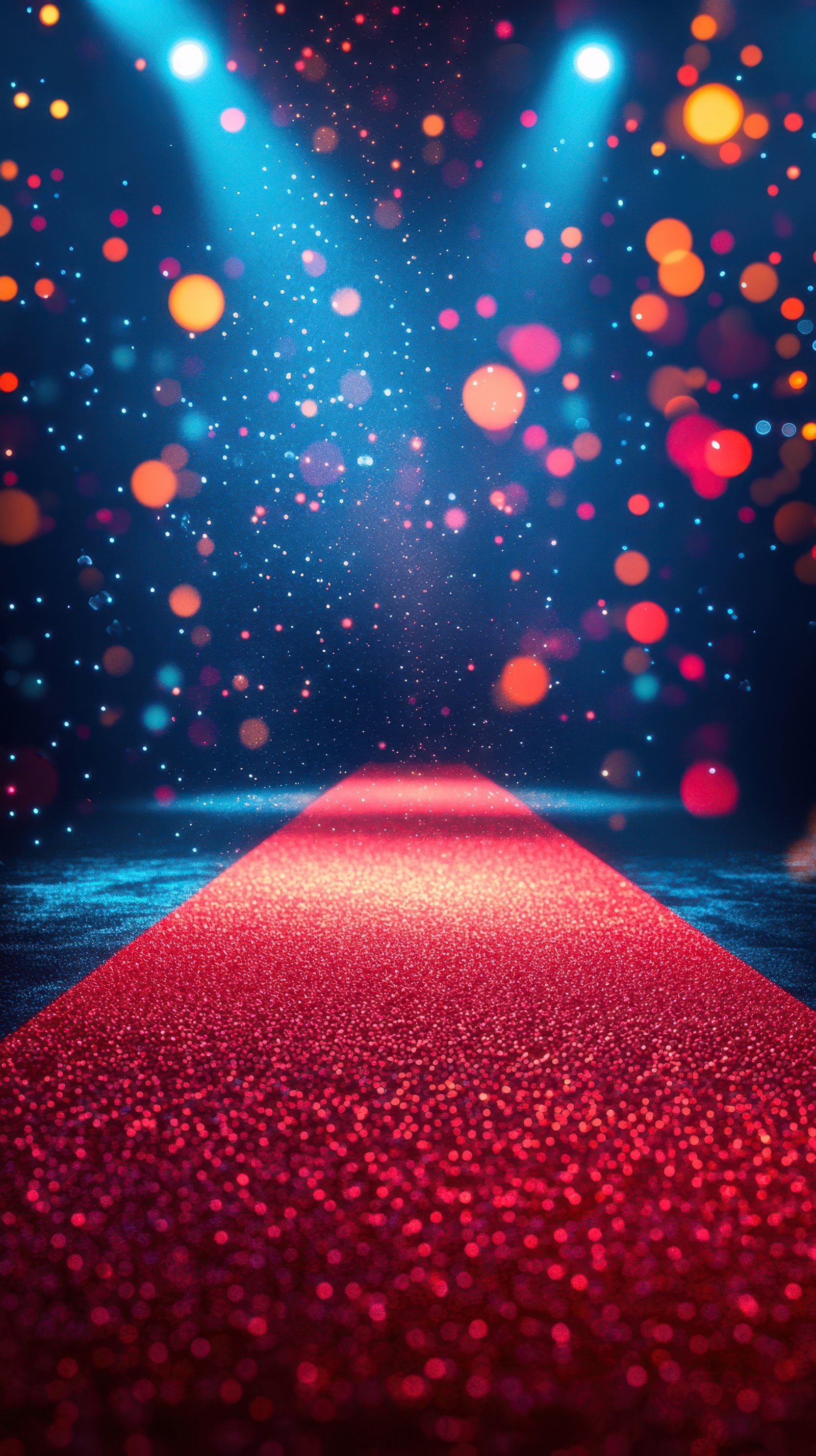 Glittering red carpet pathway illuminated by vibrant lights in a festive event setting